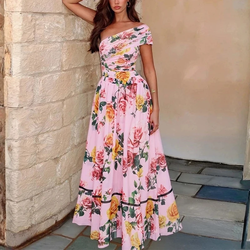 

Summer Beach Vacation Two Piece Sets Fashion Casual Party Outfits Sexy Slash Collar Floral Printed Bikini Bodysuits&Skirts Sets