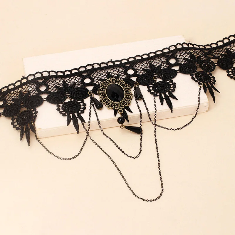 Black Lace Choker Necklace for Women with Regal Flower Metal Chain Beads Pendant Flower Clavicle Lengthening Lady Jewelry