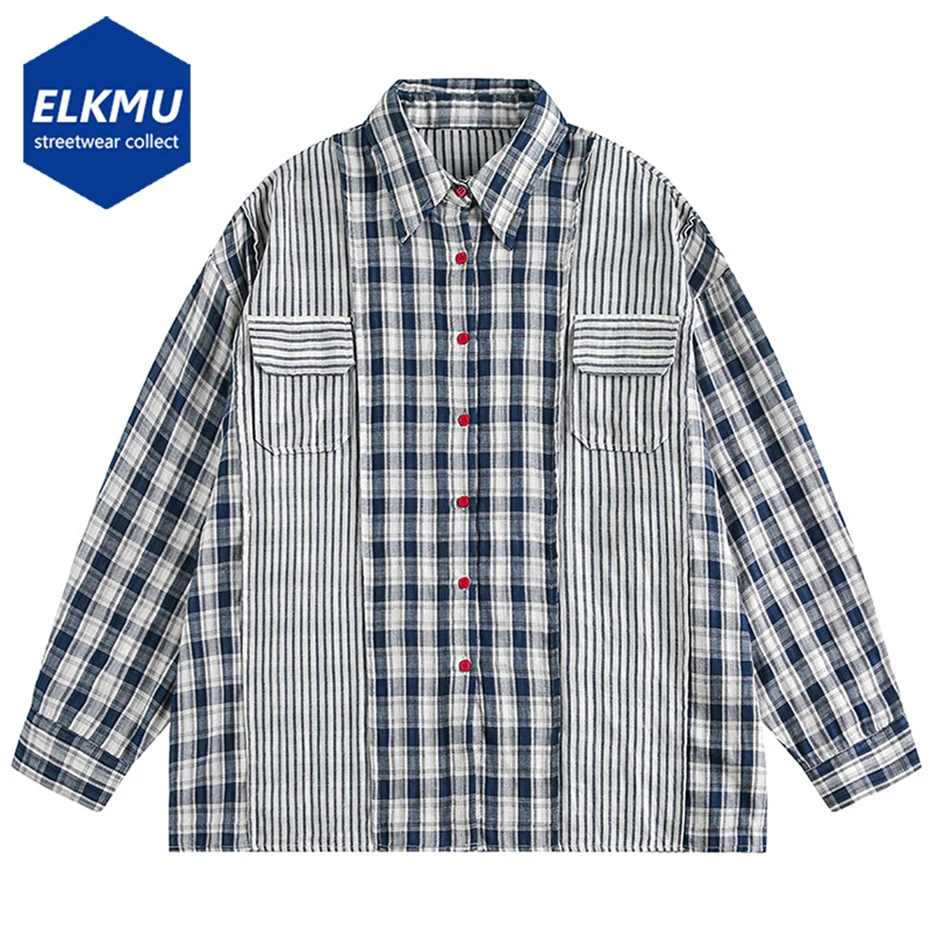 

Vintage Patchwork Shirts Broken Splicing Plaid Long Sleeve Shirts Button Up Blouse Streetwear Harajuku Hip Hop Oversized Shirts