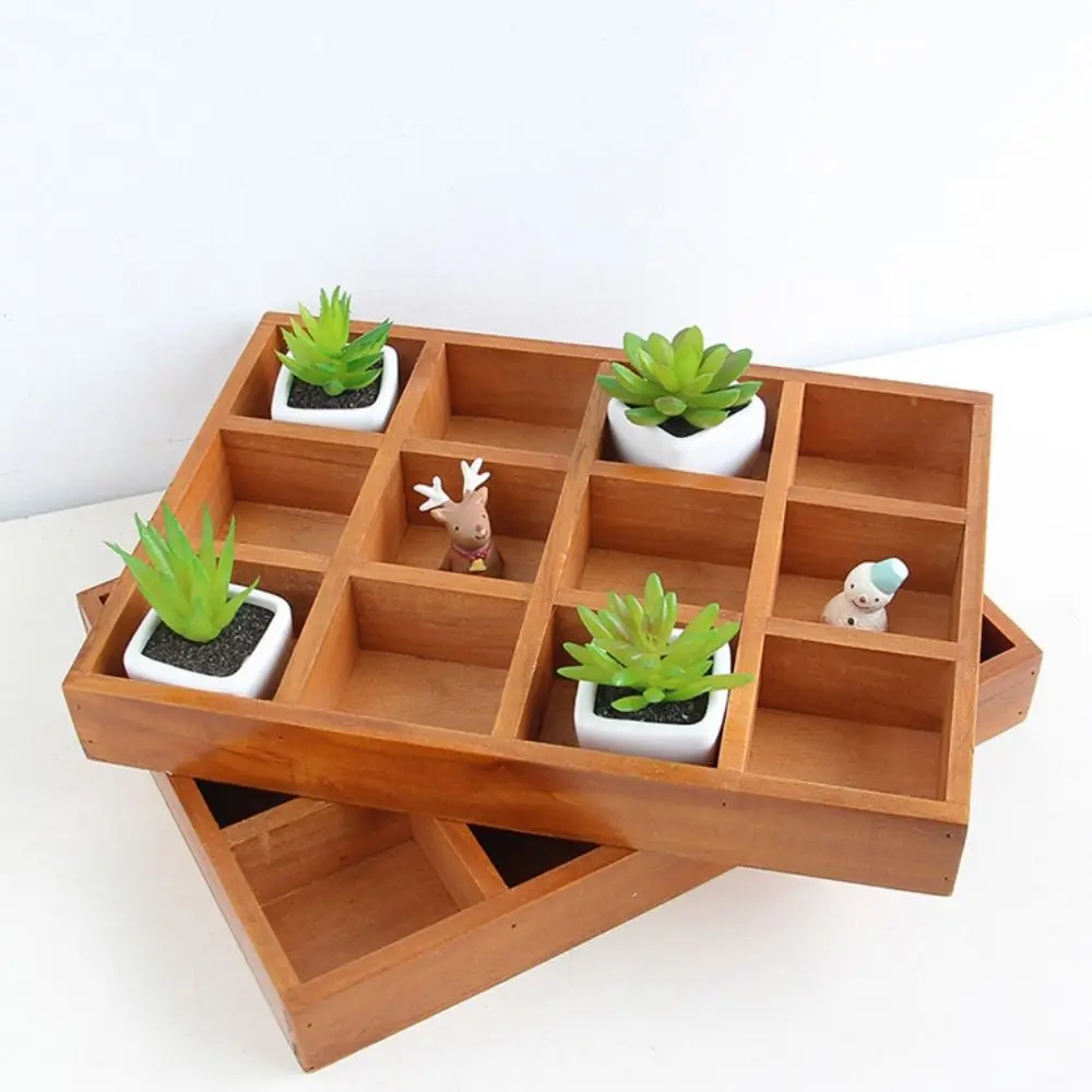 Multifunctional Succulent Flowerpot Tray Wood Multi-grids Desktop Sundries Organizer Cosmetic Finishing Box