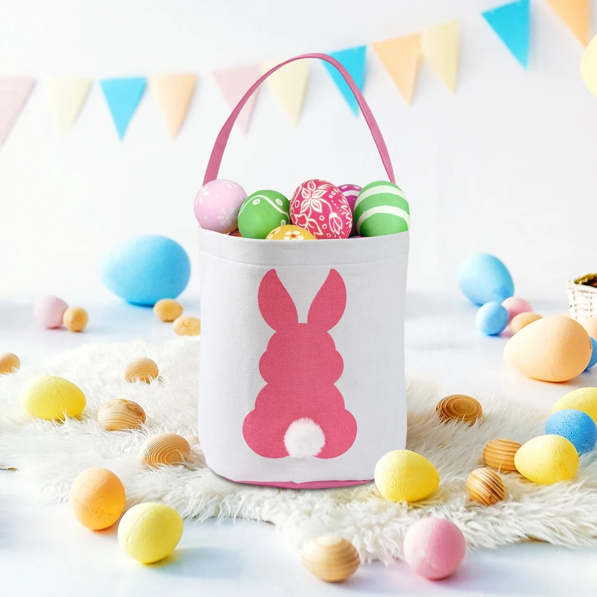 Easter Bunny Basket Bag Canvas Tote Candy Gift Bag Kids Easter Egg Hunt Basket Reusable Party Gift Wrap Bag Holiday Supplies