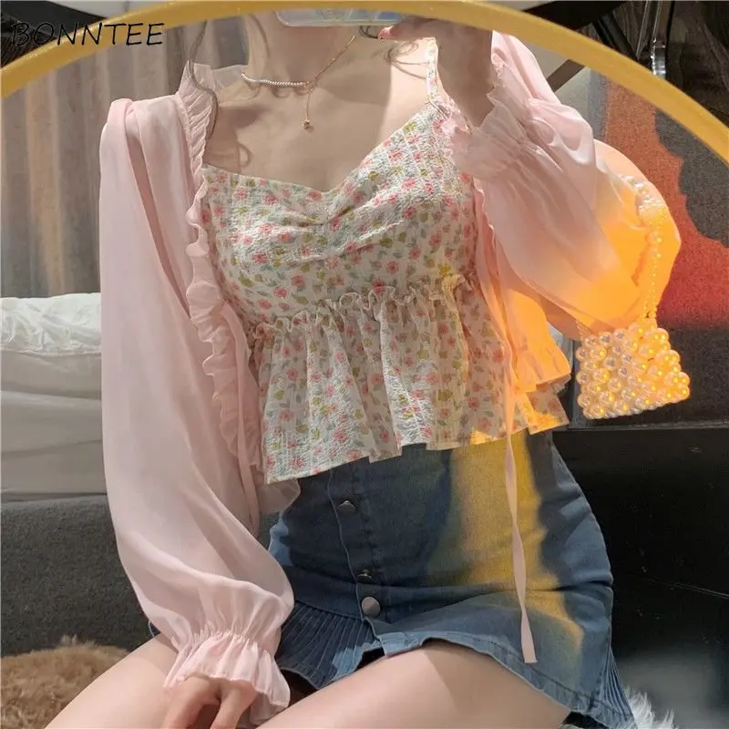 Women Sets Summer Chic Sweet Printed Cropped Camisole Batwing-sleeve Leisure Jackets 2023 New Arrival  Teens Outfit Fashion