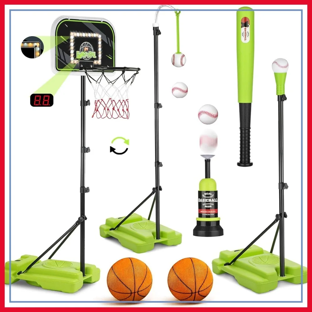 

Adjustable Kids Basketball Hoop & T-Ball Set, 4-in-1 Outdoor Sports Toy for Ages 3-12
