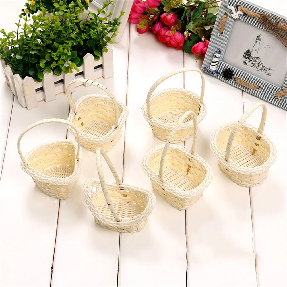 Hand Made Wicker Flower Basket Portable Handle Party Wedding Picnic Decorative DIY Basket Kid Gift Easter Wicker Rattan Storage