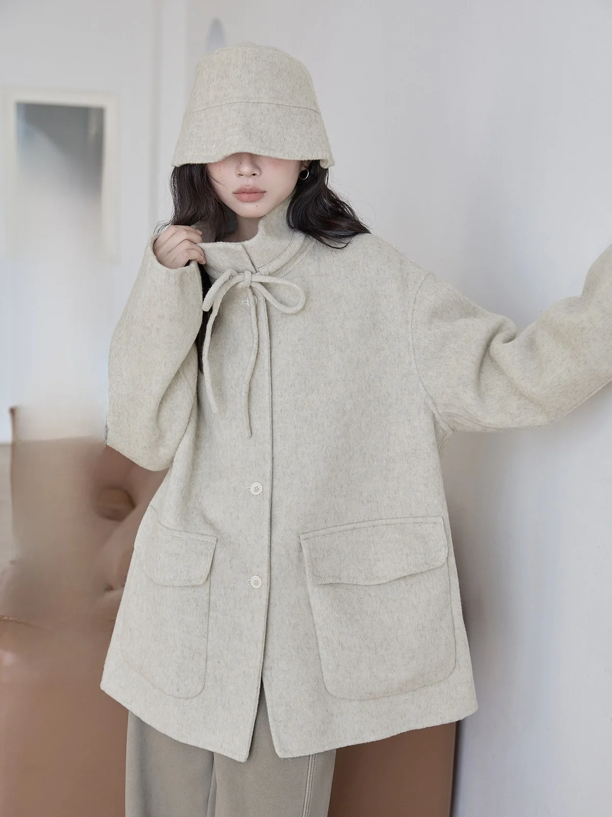

Double-Sided Woolen Coat Women's Mid-Length Ele Versatile Winter Faion Korean Sle Commute Pure Color Button Detail