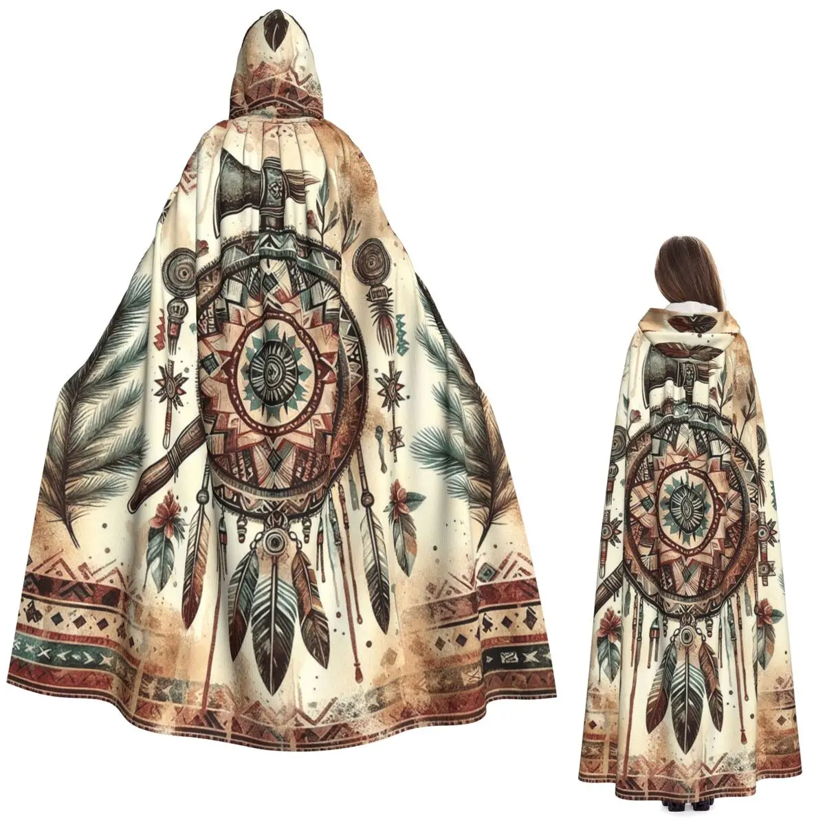 

Длинный плащ с капюшоном в стиле индейского топора с перьями, средневековый костюм ведьмы, накидка для косплея, для Хэллоуина, унисекс, для взрослых