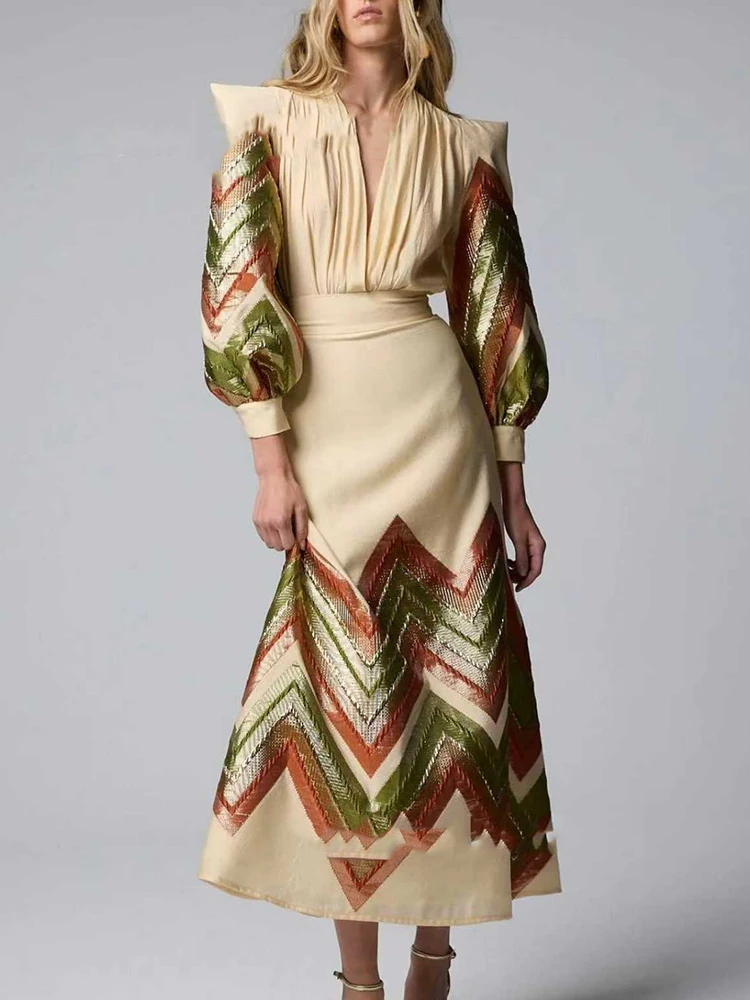 Vintage Contrast Color Commute 2 Piece Sets Sexy V-neck Lantern Sleeve Tops&Skirts Sets Temperament High Waist Half Skirts Suits