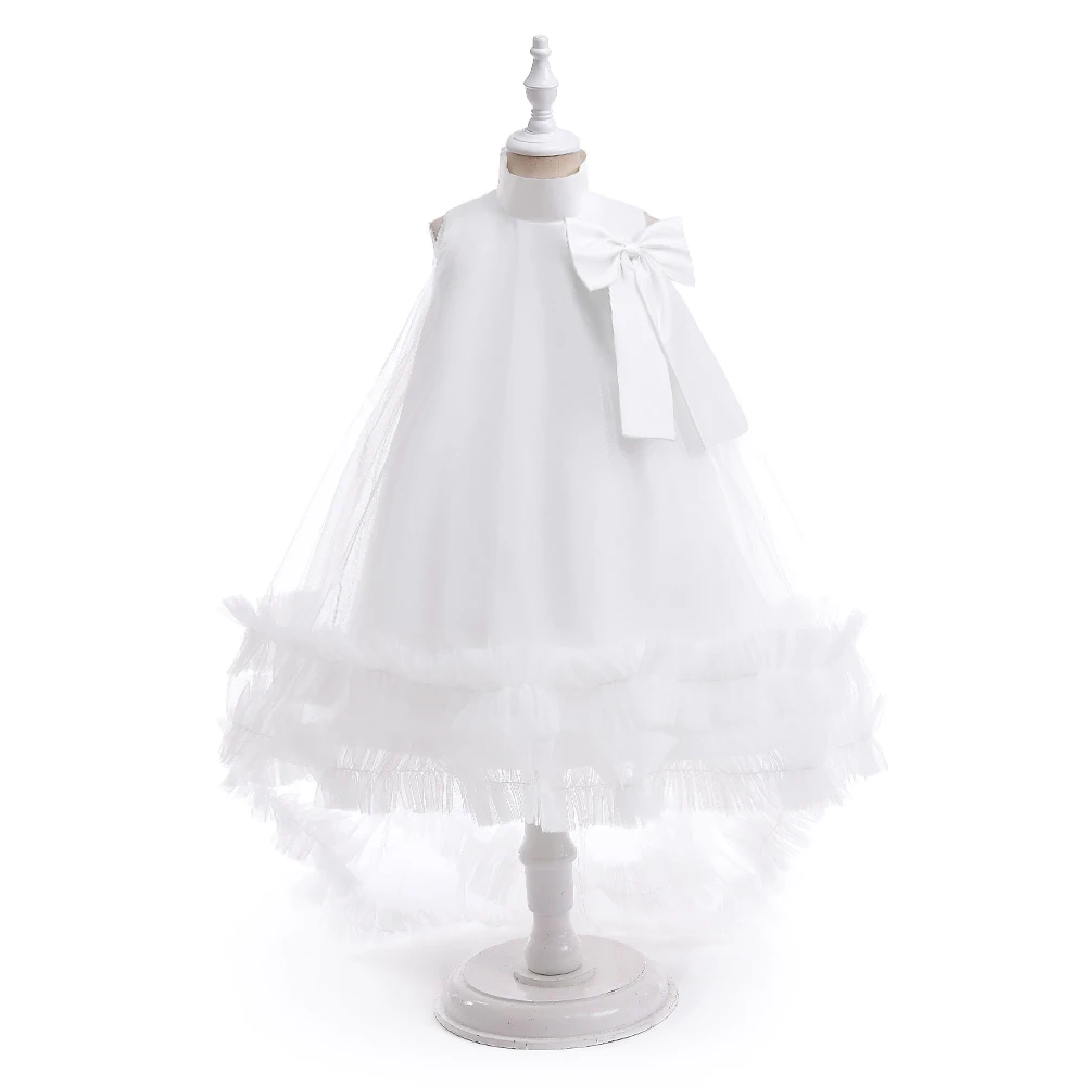 Trailing White Party Dress For Girl Children Costume Bow Birthday Princess Dresses Elegant Girls Clothes Wedding Gown 3-8 Year