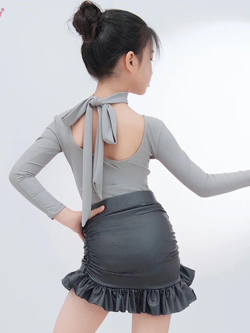 اللاتينية الرقص ارتداءها أعلى التنانير الدعاوى قاعة الرقص الاطفال الفتيات رمادي الكشكشة رومبا Dancewear التدريب تشاتشا أزياء مسرحية #1