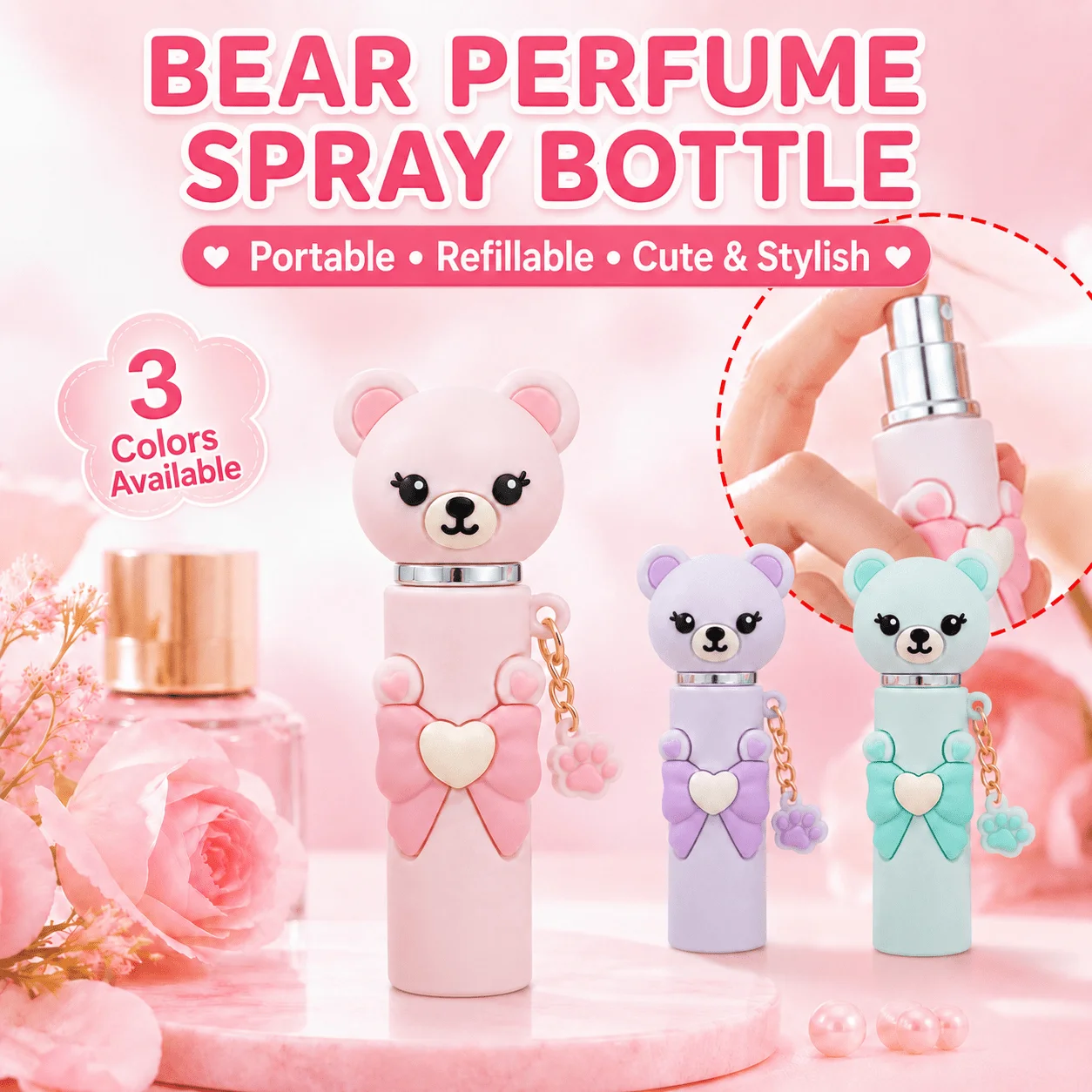 Cute Bow-Knot Teddy Bear Mini Refillable Perfume Spray Bottle, with Paw Print Pendant Keychain, Portable Travel Fine Mist Sprayer, Detachable Teddy Bear Cap Fragrance Container, Girly Pastel Fragrance Sprayer, Cute Gift for Girls and Women view 3