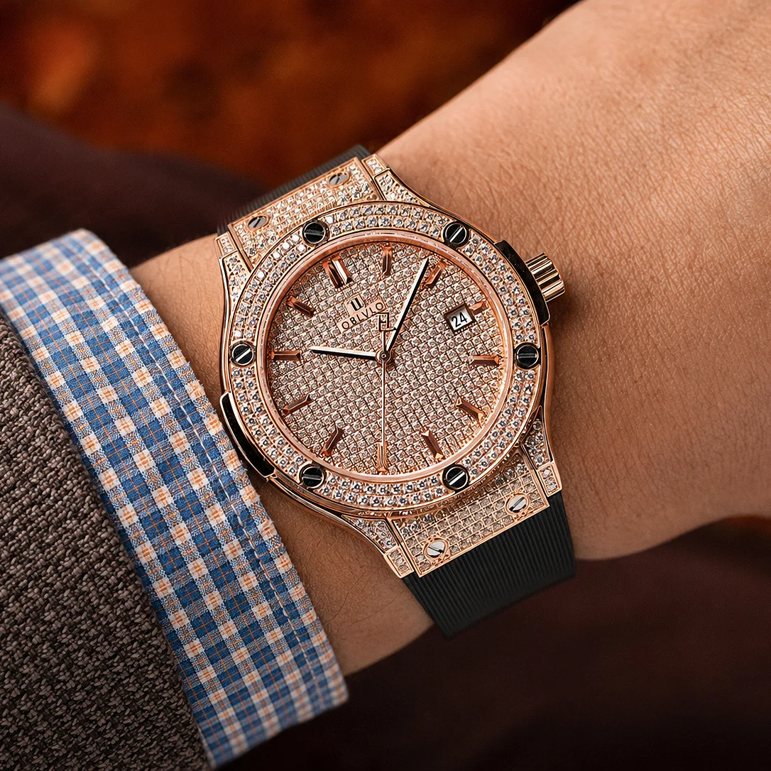 OBLVLO Men's Luxury Watch Rose Gold Full Diamond Dial Automatic Water Resistant Rubber Band Mechanical Movement Timepiece HM-ES