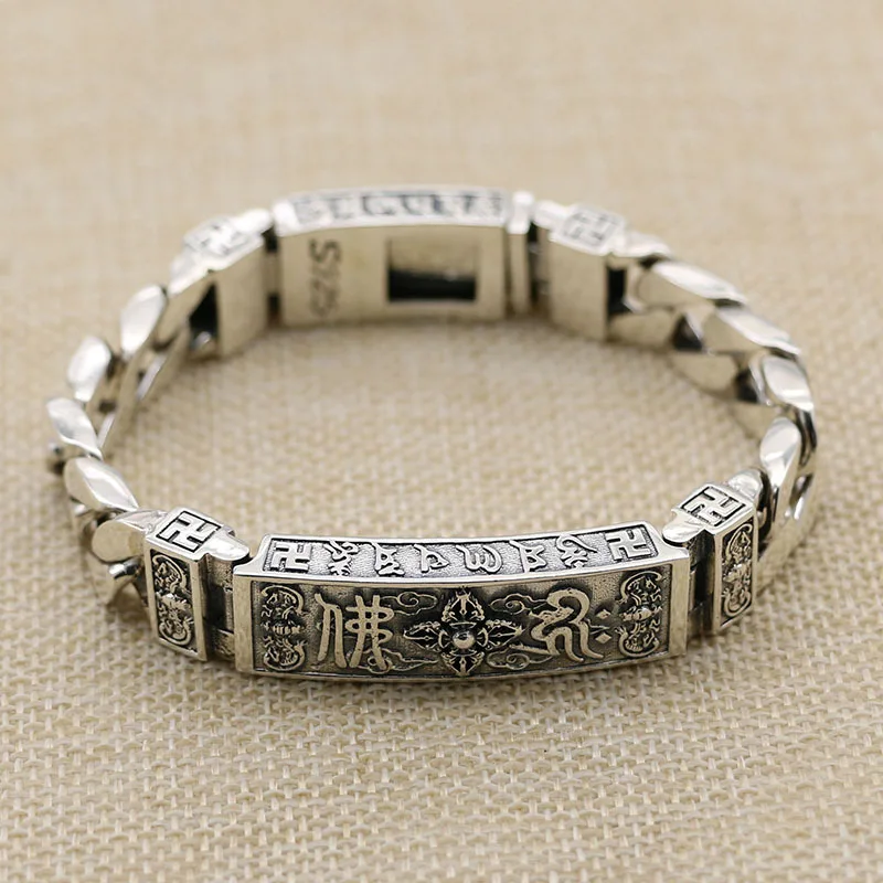 

S925 Sterling Silver Jewelry Antique Thai Silver Retro Vajra Om mani padme hum Personality Fashion Men's Plug Bracelet