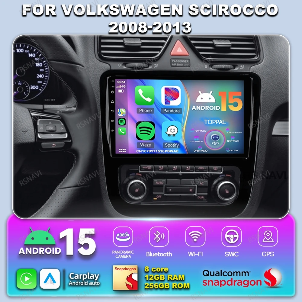 

Car Radio Android 14 For Volkswagen Scirocco 2008-2013 NO 2DIN QLED Qualcomm Systems WIFI+ 4G LTE 8 Core DVD Navigation BT IPS