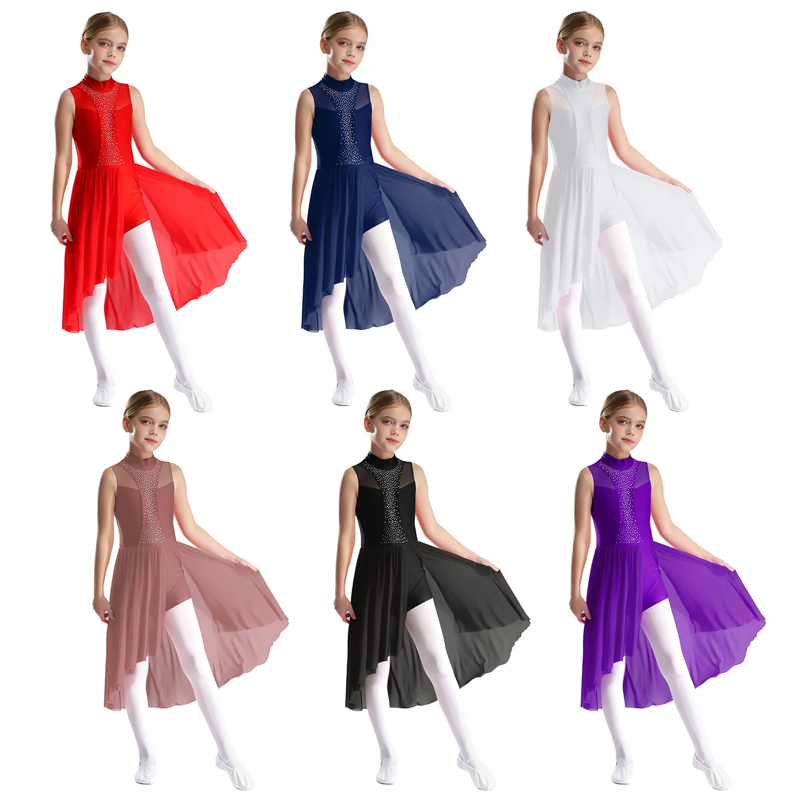 Girls Lyrical Dance Dress Figure Skating Costume Sparkly Rhinestone Ballet Dancewear Sleeveless Mock Neck Asymmetrical Hem Dress