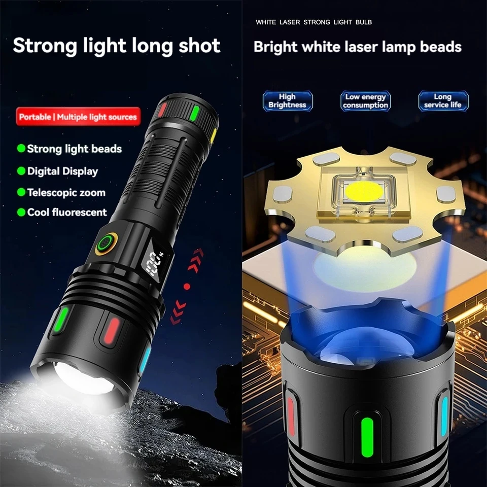 2025 New Aluminium Alloy White Laser LED Flashlight High Power 5000M Long Range Outdoor Telescopic Zoom Tactical Camping Lantern