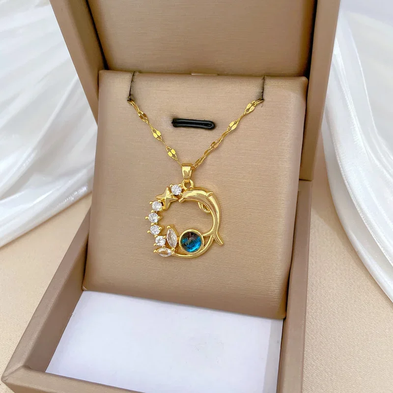 New Luxury Inlaid Zircon Planet Star Pendant Necklace for Women Fashion Dolphin Water Drop Clavicle Chain Charm Jewelry Gift