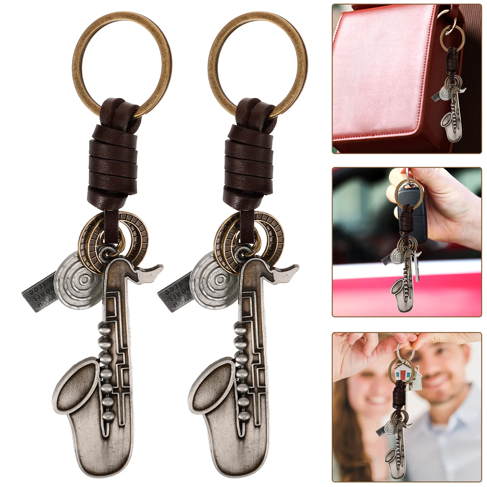 2 Pcs Vintage Keychain Fob Bag Decoration Purse Charm Punk Music Pendant Saxophone Instrument Themed