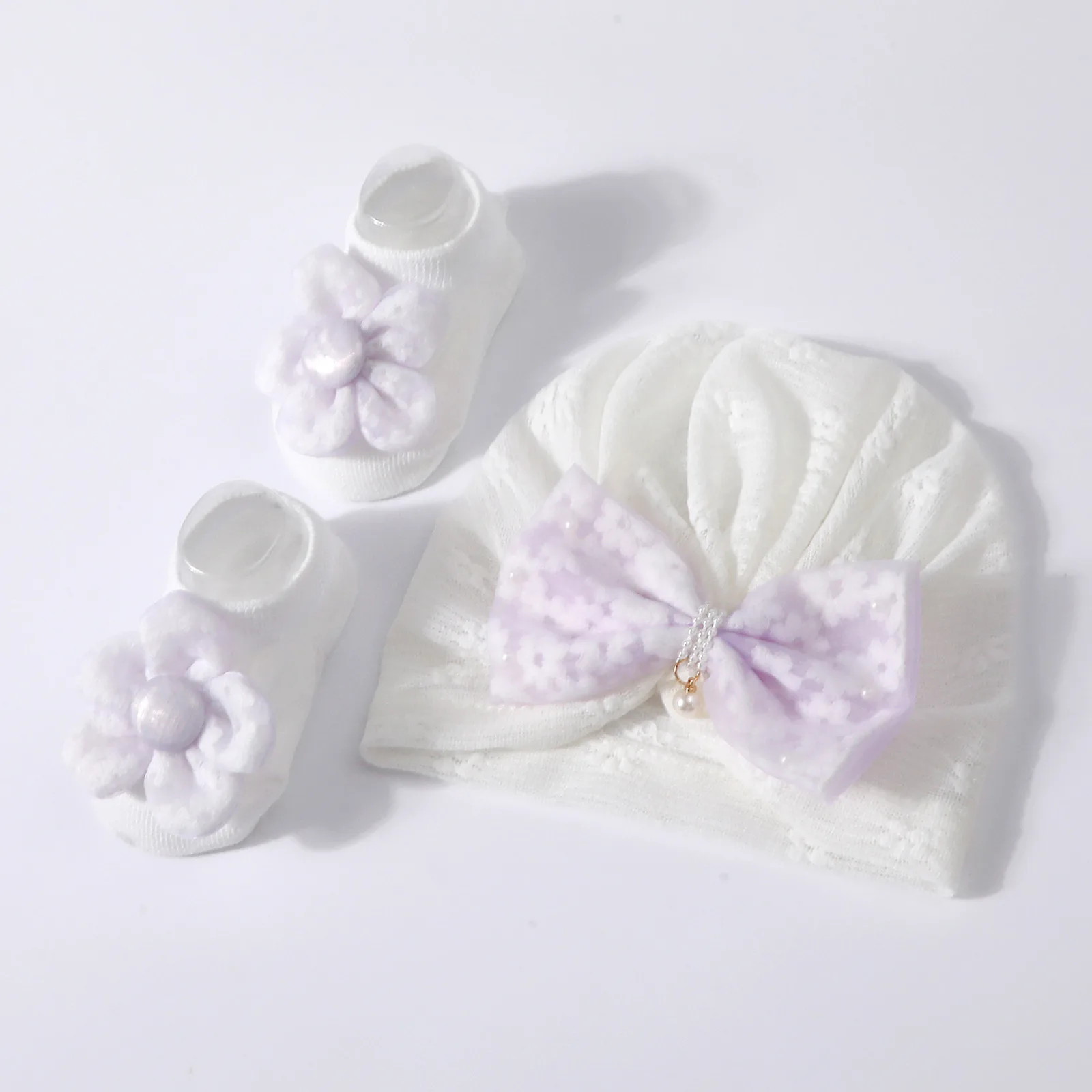 

3 шт./компл. детские носки с кружевом и цветком для новорожденных, мягкие хлопковые однотонные тюрбаны с большим бантом, шапки, вязаные носки для девочек и мальчиков