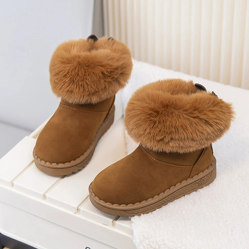 Kids Cowhide Snow Boots Winter Baby Soft Warm Cotton Shoes with Plush Boys Girls Fur Suede Boots Princess Retro Boot