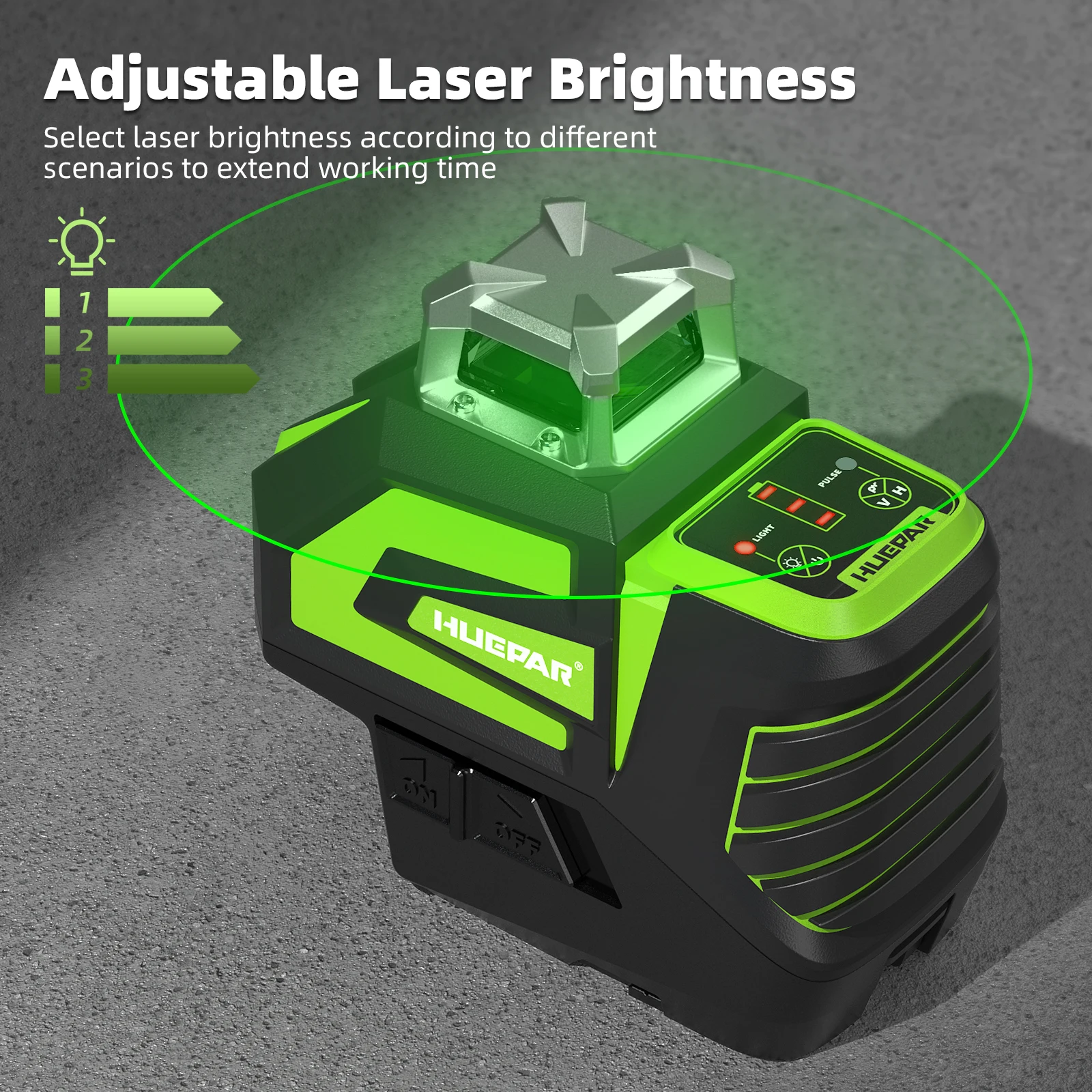 Huepar livello Laser verde a 360 ° con 2 punti a piombo, batteria agli ioni di litio, strumento Laser a linee incrociate autolivellante con