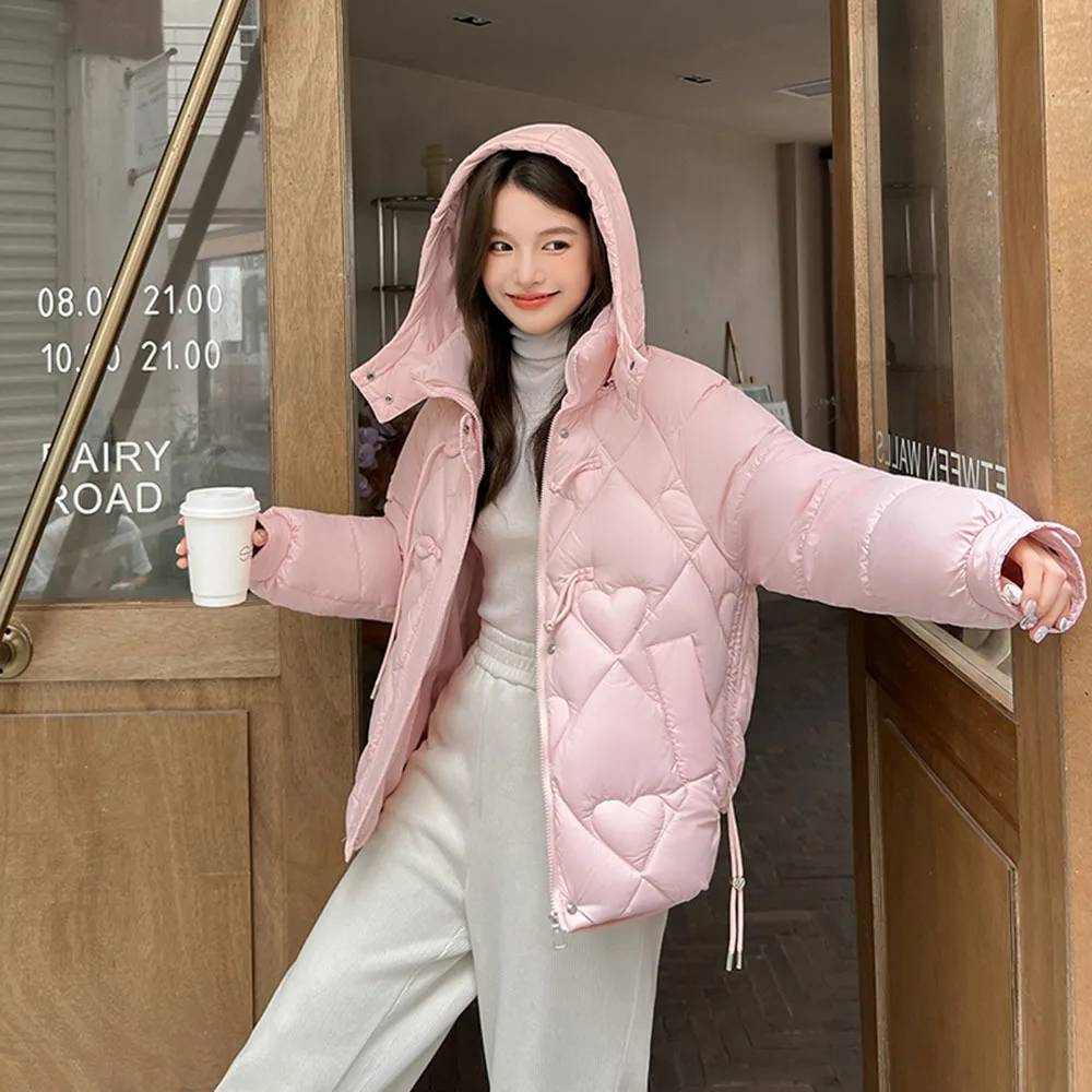 2024 Winter New Fashion Down Short Jacket Women Thick Warm Loose Cocoon Type Hooded Puffer Coat Female Pink Cotton Outerwears