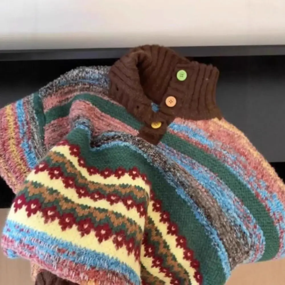 Simple Long Sleeve Knit Sweater Women Soft Loose Colorfult Crochet Knitwear Sweet Retro Winter Autumn Knitted Top Gift