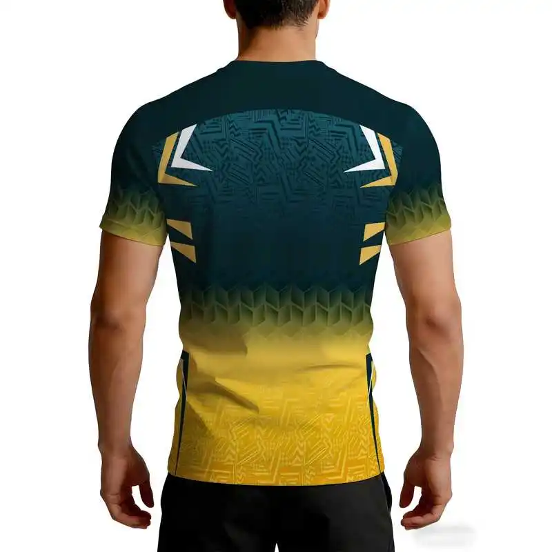 Men'S High-Stretch Quick-Dry Deep Green Yellow Gradient Fitness Top Geometric Line Athletic Short Sleeve Tight Body-Hugging Musc