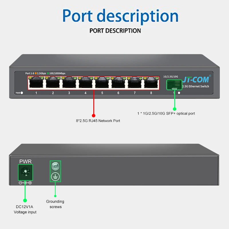 Imagem -06 - Jt-com Port Ethernet Switch 2.5 Gbase-t Network Switcher 10gigabit Uplink Plug And Play Hub Internet Splitter Fanless 2.5g