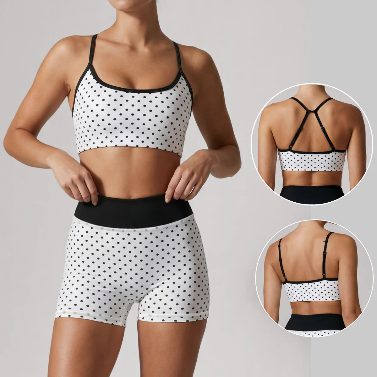 Women 2 Piece Polka Dot Yoga Set Criss Cross Back Sports Bra High Waist Biker Shorts Soft Gym Workout Pilates Dance Sports Set