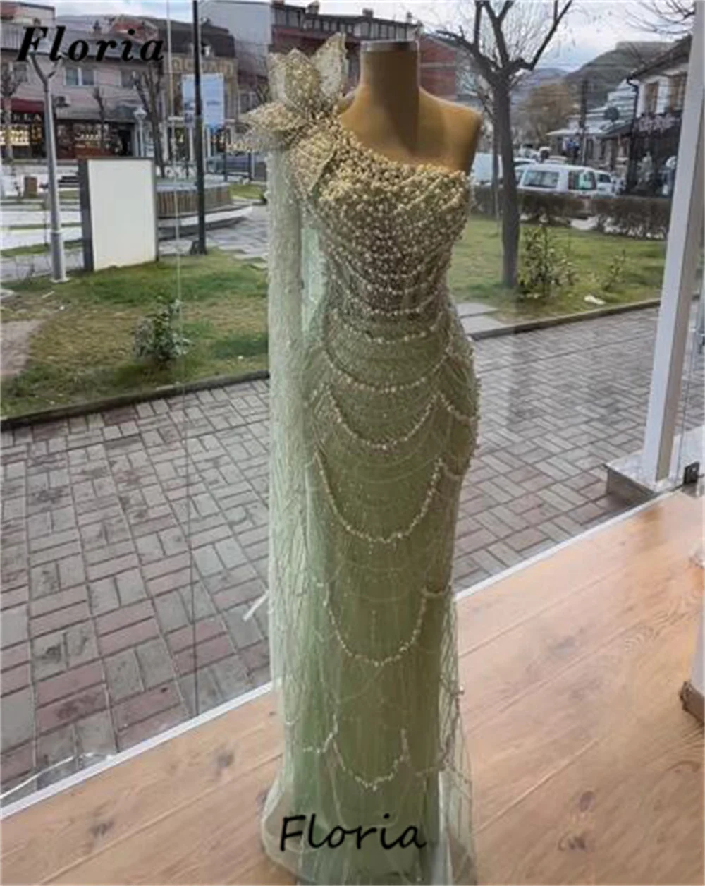 Abendkleider Mint Green Evening Dresses One Shoulder Beading Wedding Party Dress Robes De Soiree Dubai Couture Pearls Party Gown