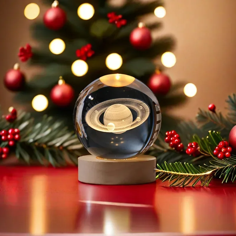 3D Crystal Ball Moon Planet Night Light Laser Engraved  Saturn Globe Santa Clause Snowman Birthday Gift Home Space Desktop Decor