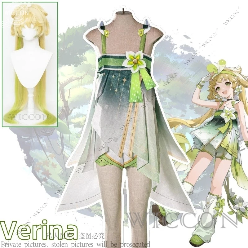 Verina Wuthering Waves Cosplay Costume Wig Long Hair Game Botanist Cute New Role Play Woman Halloween Party Green Women Props