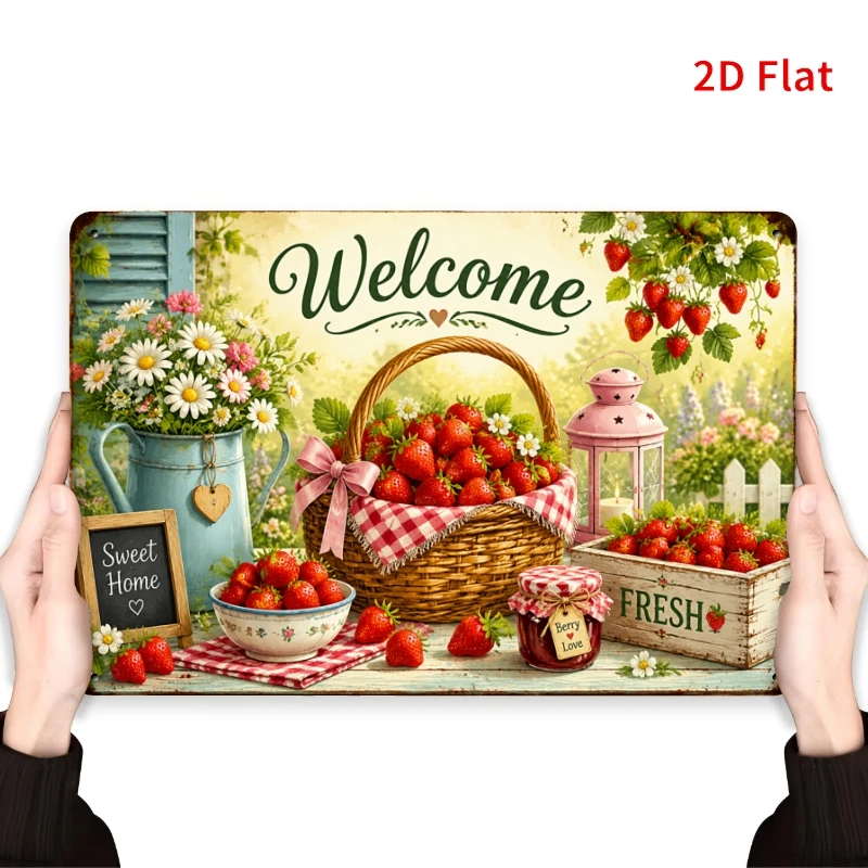 2D Flat, Decorative Sign 2D Flat - [2Dflat], 1pc 11.81X7.87inch- Welcome Sweet Home Strawberry Sign, Farmhouse Decorative Signs,