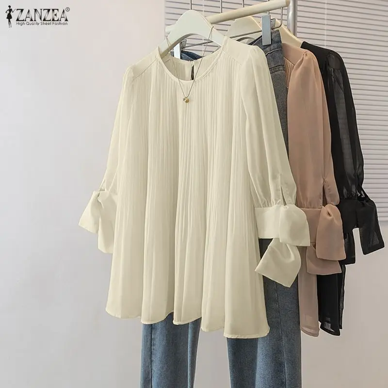 

ZANZEA Women Solid Blouse Summer Fashion 3/4 Puff Sleeve Shirts Elegant Office Lady Tops Tunic 2026 Spring Pleated Female Blusas