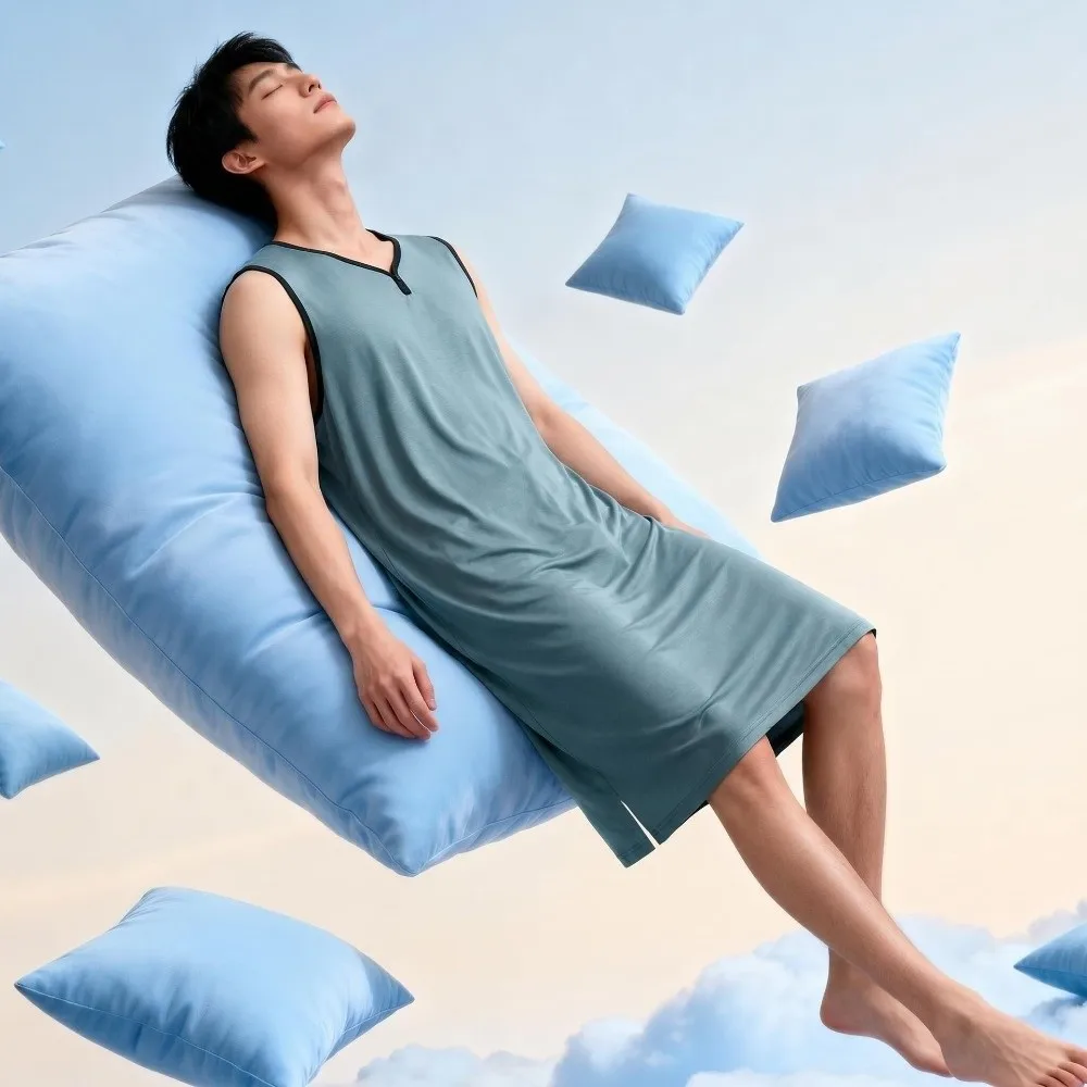 Homewear Knee-Length Men's Sleeping Dress Elastic Soft Modal Pajamas Plus Size Thin Night-robe Travel