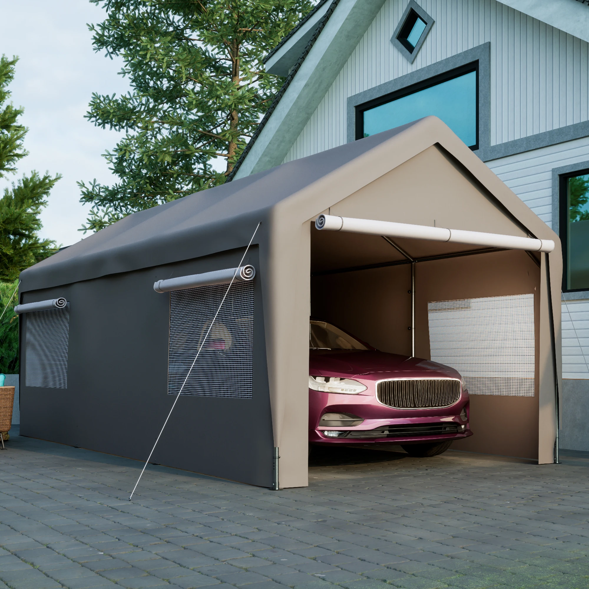 311×593×277cm Carport-Überdachung, verbessertes Garagenzelt mit verzinktem Stahlrahmen, aufrollbaren Reißverschlusstüren und Lüftungsöffnungen, winddicht und schneefest für Fahrräder, ATVs,