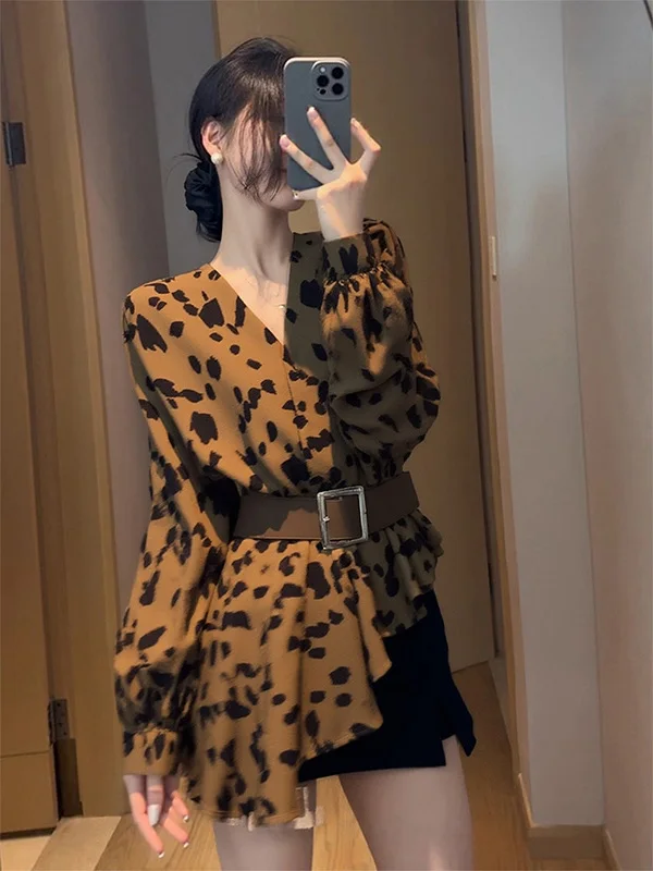 

Модная уникальная женская блузка с леопардовым принтом, приталенная, французский стиль, премиум-качество, осенний топ с V-образным вырезом и длинными рукавами, для повседневной носки