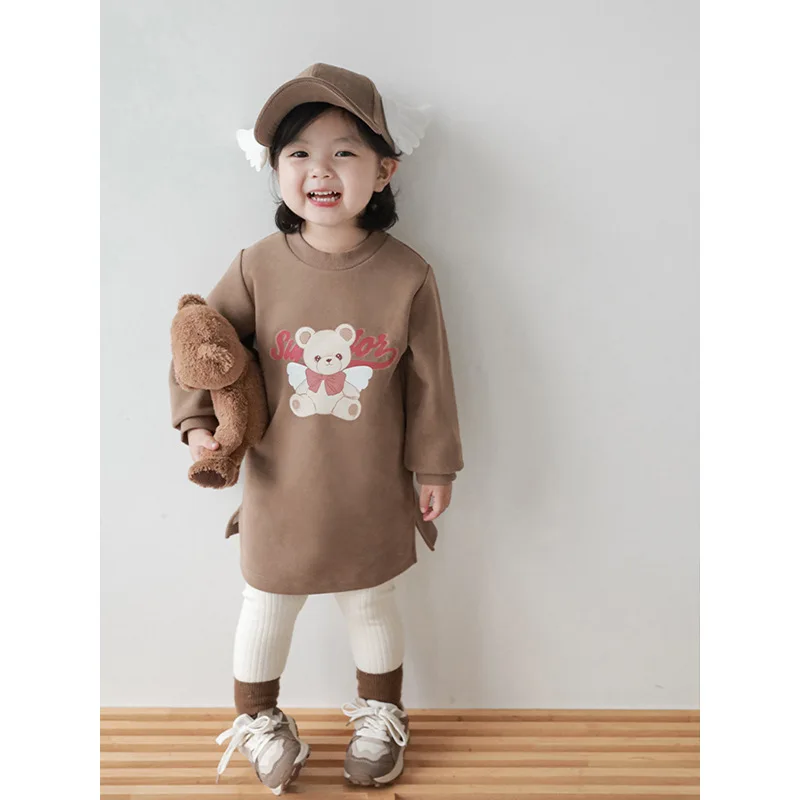 

kidsBearPrintingSweatshirtDress2025Spring and Autumn New Girls Cartoon Casual Skirt