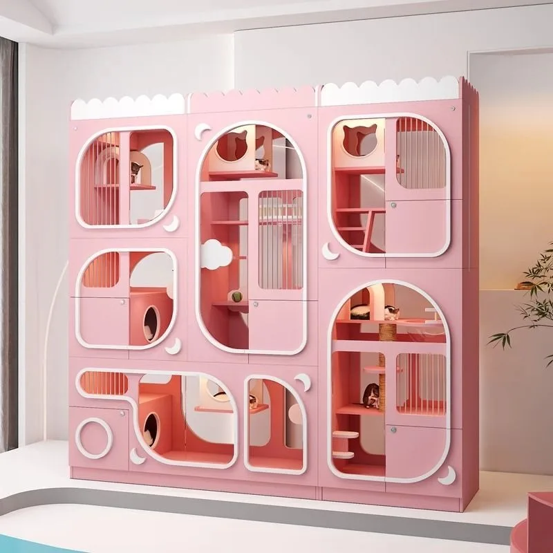 

Light luxury double-layer cat cabinet integrated cat litter box cat nest solid wood cage double-sided glass display cabinet pet