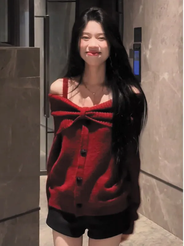 Czerwony sweter z odkrytymi ramionami, dzianinowy, damski, na wczesną jesień, luźny, relaksujący, seksowny top z odkrytymi ramionami, miękki...