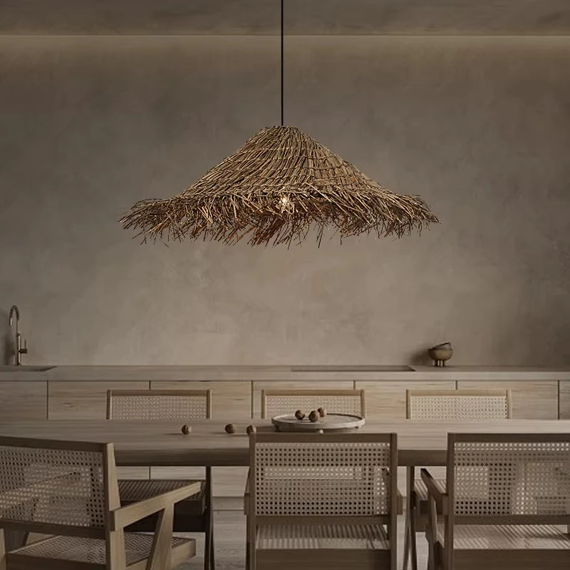 Kitchen Table Straw Hat Creative LED Pendant Lights Dining Room Bedroom Loft Restaurant Lamp Home Decoration Ceiling Chandelier