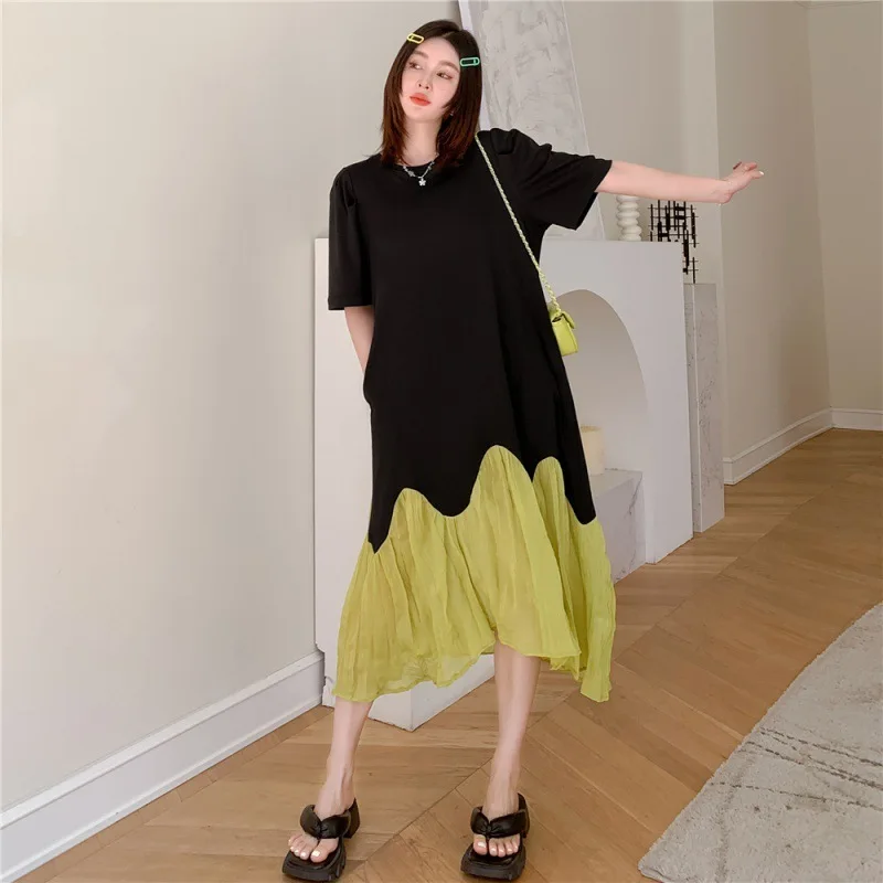 # 6138 Sommer Gespleißt Farbe T Shirt Kleid Kurzarm Falsche Zwei Stück Streetwear Midi Kleid Damen Lose Schwarz T-shirt Kleid