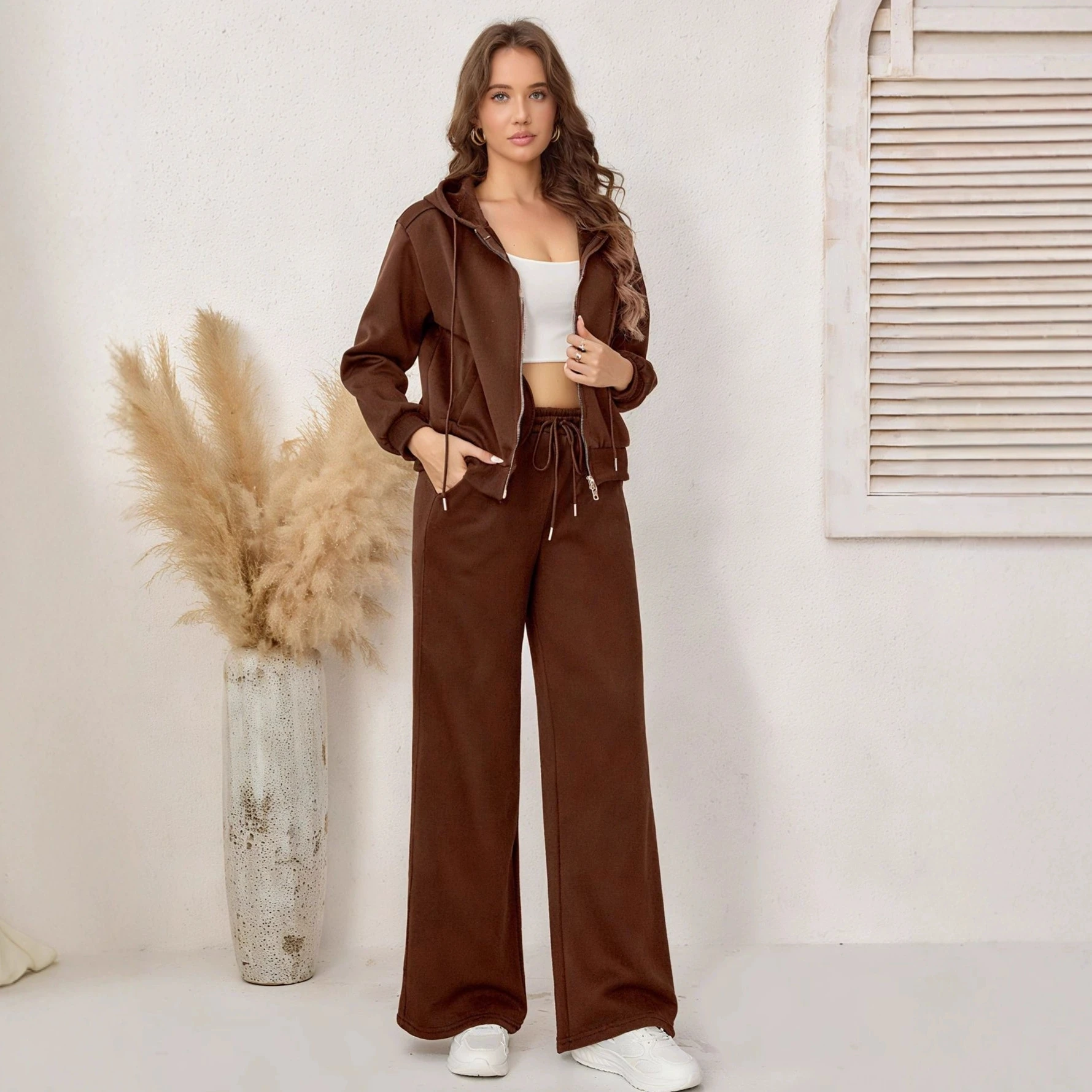 

Осенний женский спортивный костюм на молнии и брюки Gary, повседневный комплект из двух предметов, женский повседневный спортивный костюм с капюшоном