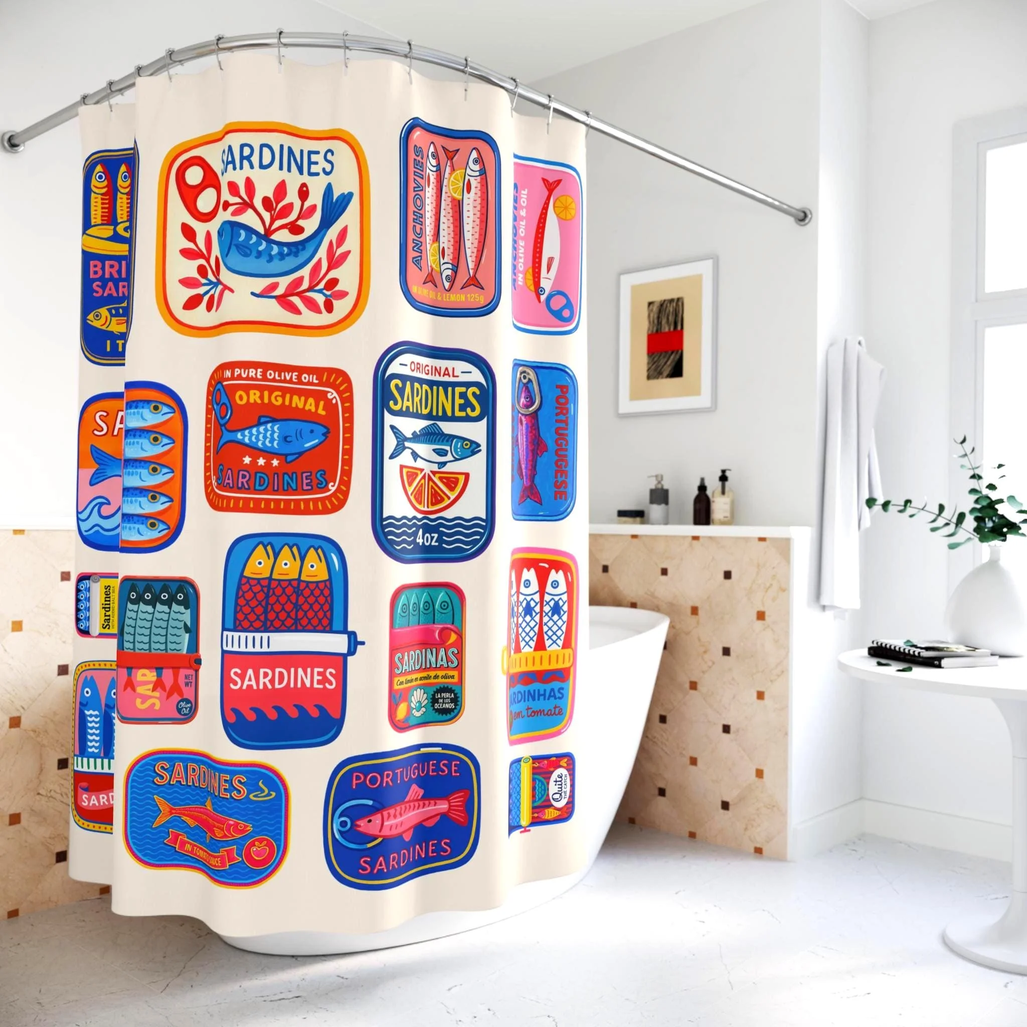 Fun Retro Sardines Beach Bathroom Shower Curtain Nautical Seafood Print Novelty Shower Curtain for Home Decor