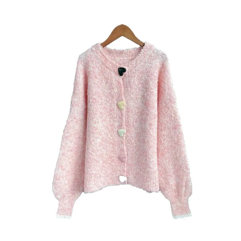 الحب زر تصميم سترة مشغولة من الصوف المرأة الجديدة لطيف كسول نمط لينة جولة الرقبة سترة الخريف الشتاء مجموعة جديدة فضفاضة #5