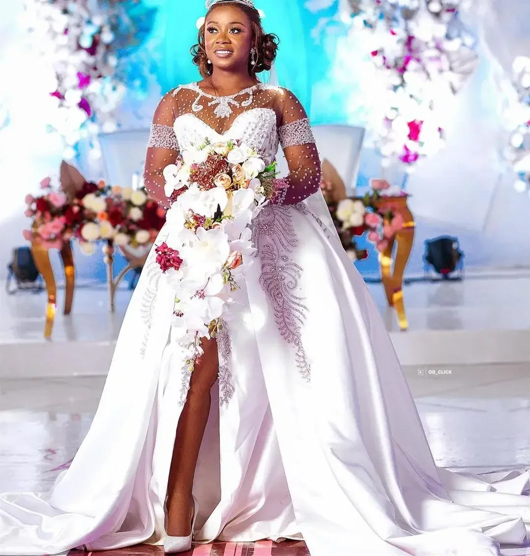 

Customized Plus Size Arabic Aso Ebi Luxurious Beaded Crystals Wedding Dress Sheer Neck Lace Bridal Gowns Dresses 2022