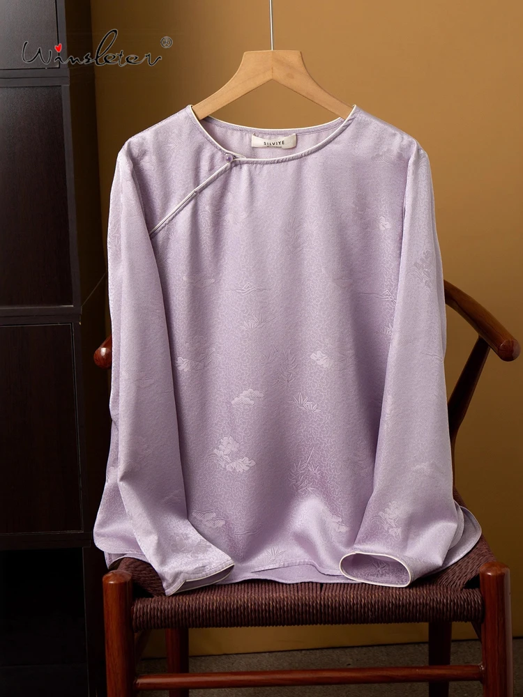 

Winsleter-100% Silk Elegant T-shirt, Long Sleeve O Neck Jacquard, Woman Retro New Chinese Style Loose Top, 2025 Autumn T59709CC