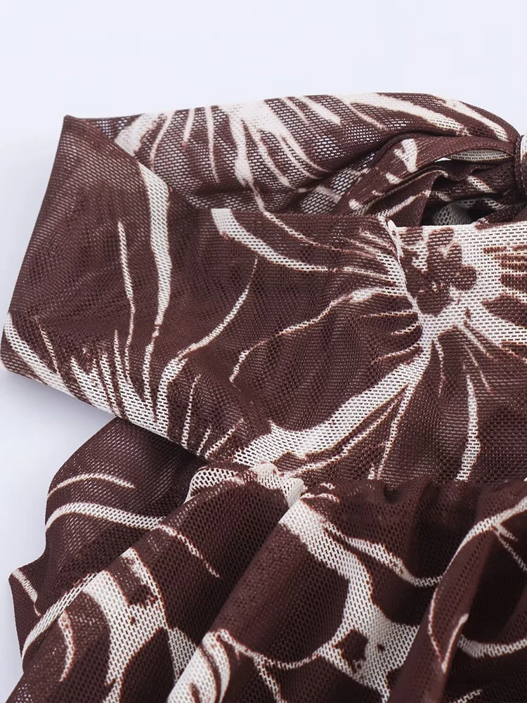 Stile europeo e americano autunno nuova moda abbigliamento femminile senza maniche scollo all'americana abito lungo senza schienale in tulle stampato