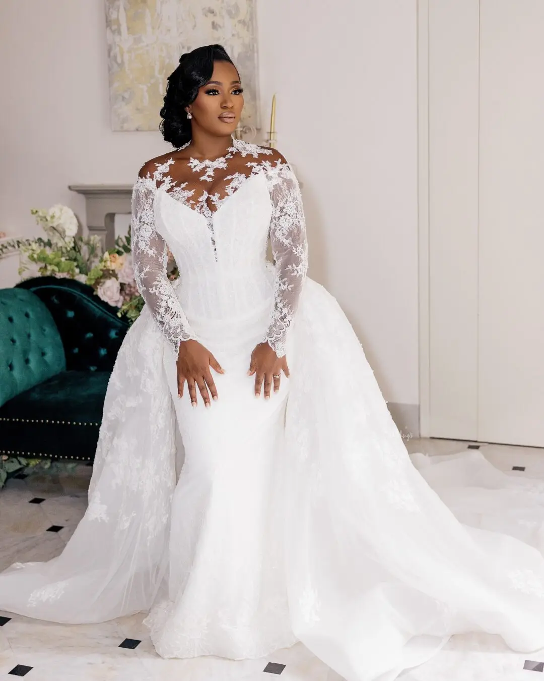 Robe de Mariée Sirène à Manches sulfavec Traîne Amovible, Corset en Dentelle, Ivoire, pour Patients Africains, Tout Personnalisé