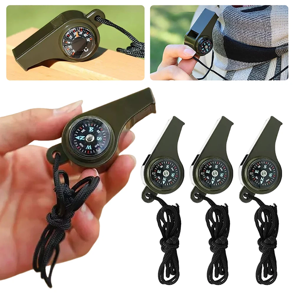 Emergency Survival-Whistle 3 In 1 Multifunctional Camping-Whistle With Compasses Thermometer Hanging Rope For Hiking, Camping